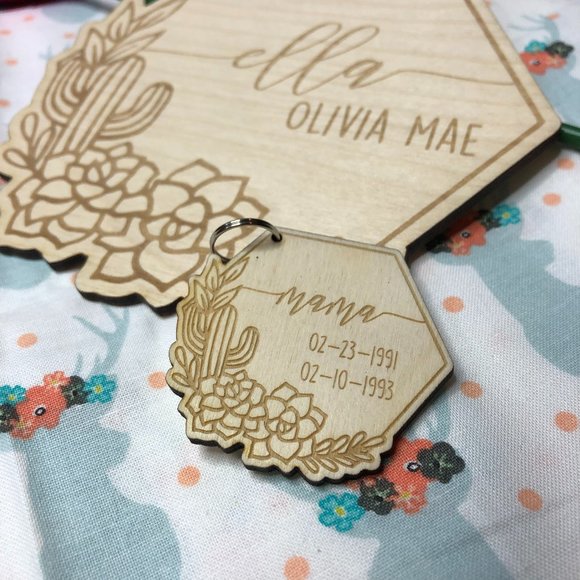 Custom Mama Birth Dates Keychain Succulent Design - Picture 1 of 3